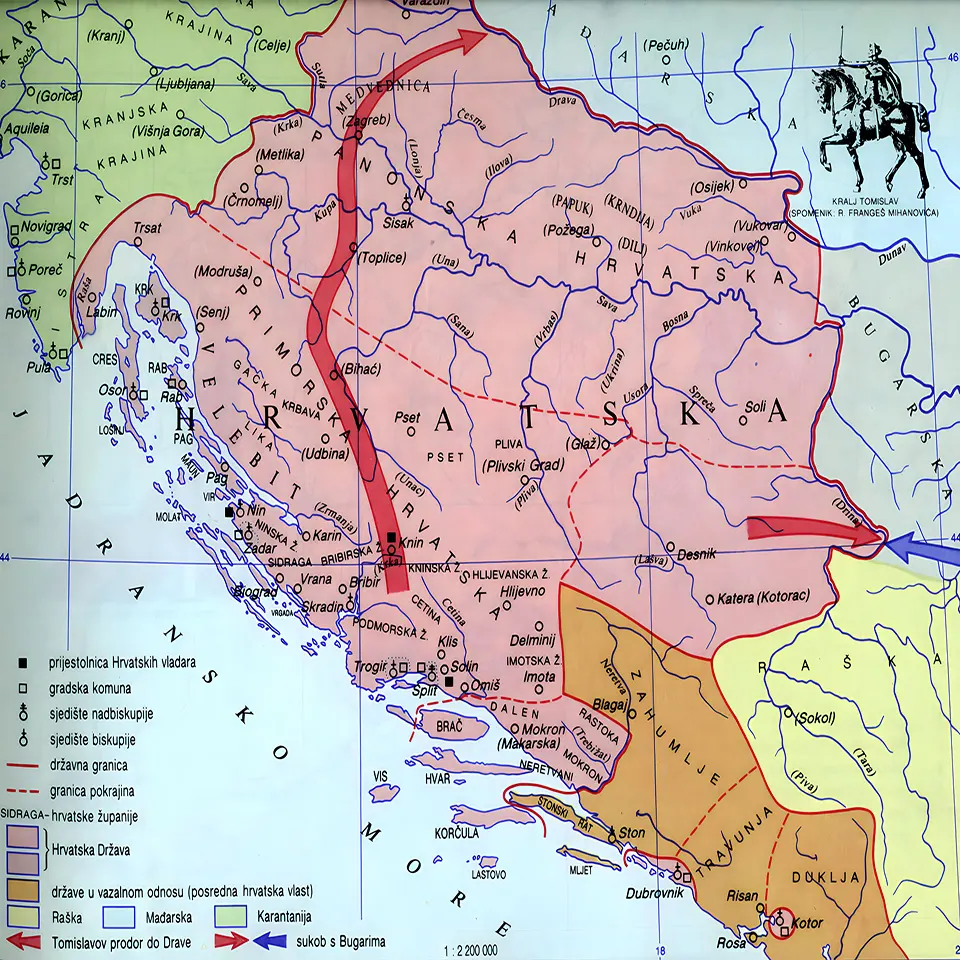 Karta Hrvatske za vrijeme kralja Tomislava, početkom 10. stoljeća